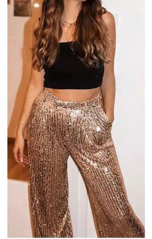 Golden Sequined Casual Loose Long Trousers Women