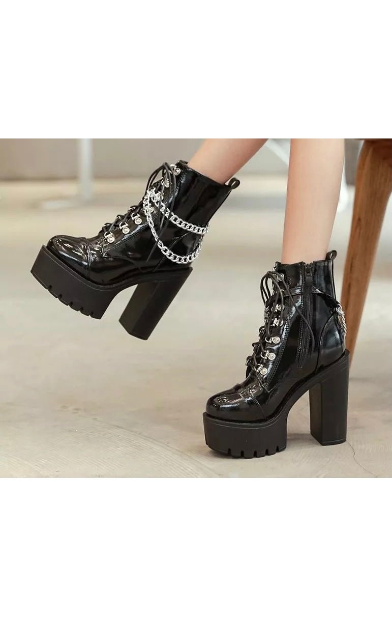 Patent Ankle Black Chain Boots Shoes