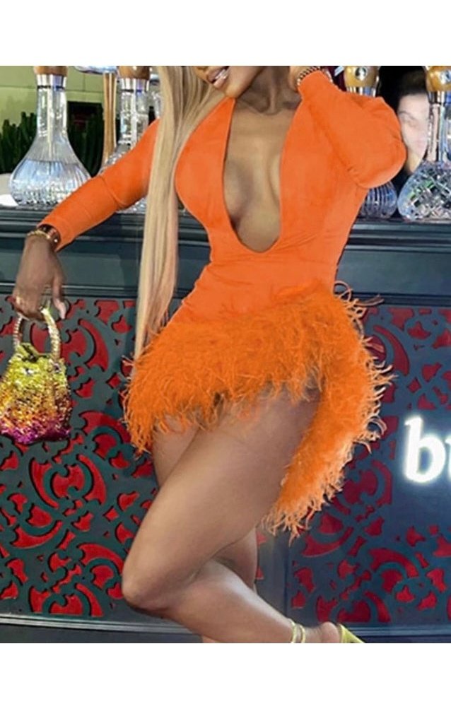 Orange Feather Long Sleeve Dress