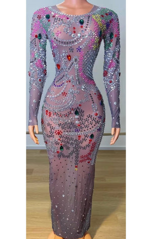 Sequin Long Sleeve Transparent Multicolored Stones Party Dress