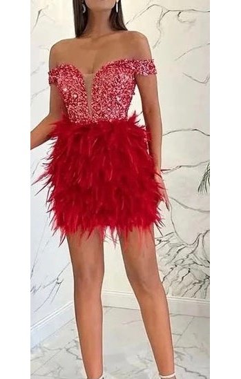 Off the shoulder Feather Sequin Bling Dress (Many Sizes) (3 Colors)