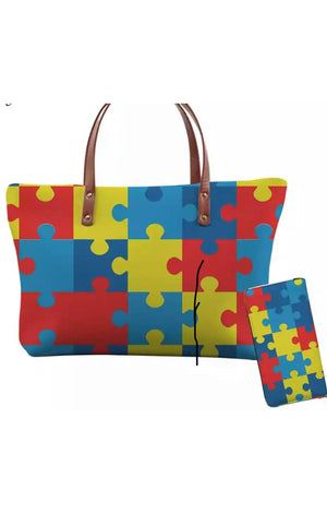 Puzzle Multi Color Women Shoulder Bag and Matching Wallet Set