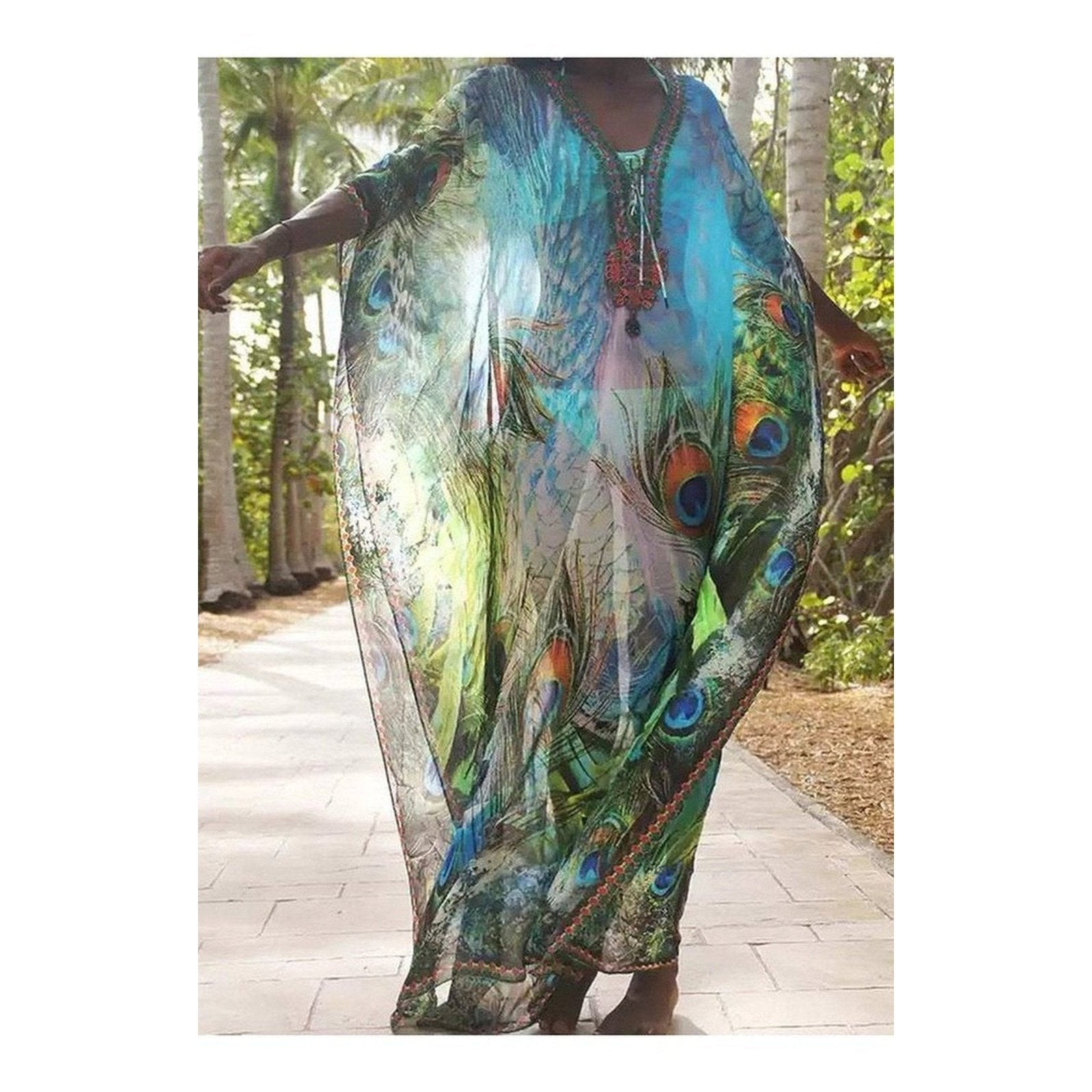 Chiffon Peacock Feather Print Loose Dress Cover up