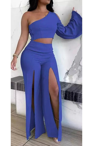 Elegant One Sleeve top with Split wide leg pants stretch two-piece set (3 Colors)