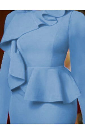Peplum  Long Sleeves Blue Dress