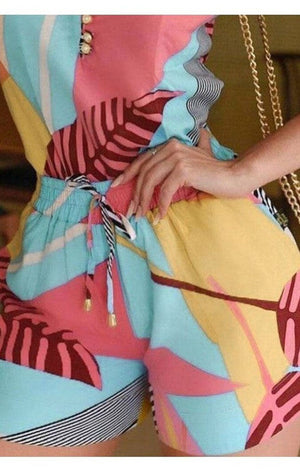 Leaf Print Colorblock Cami Top & Drawstring Shorts Set