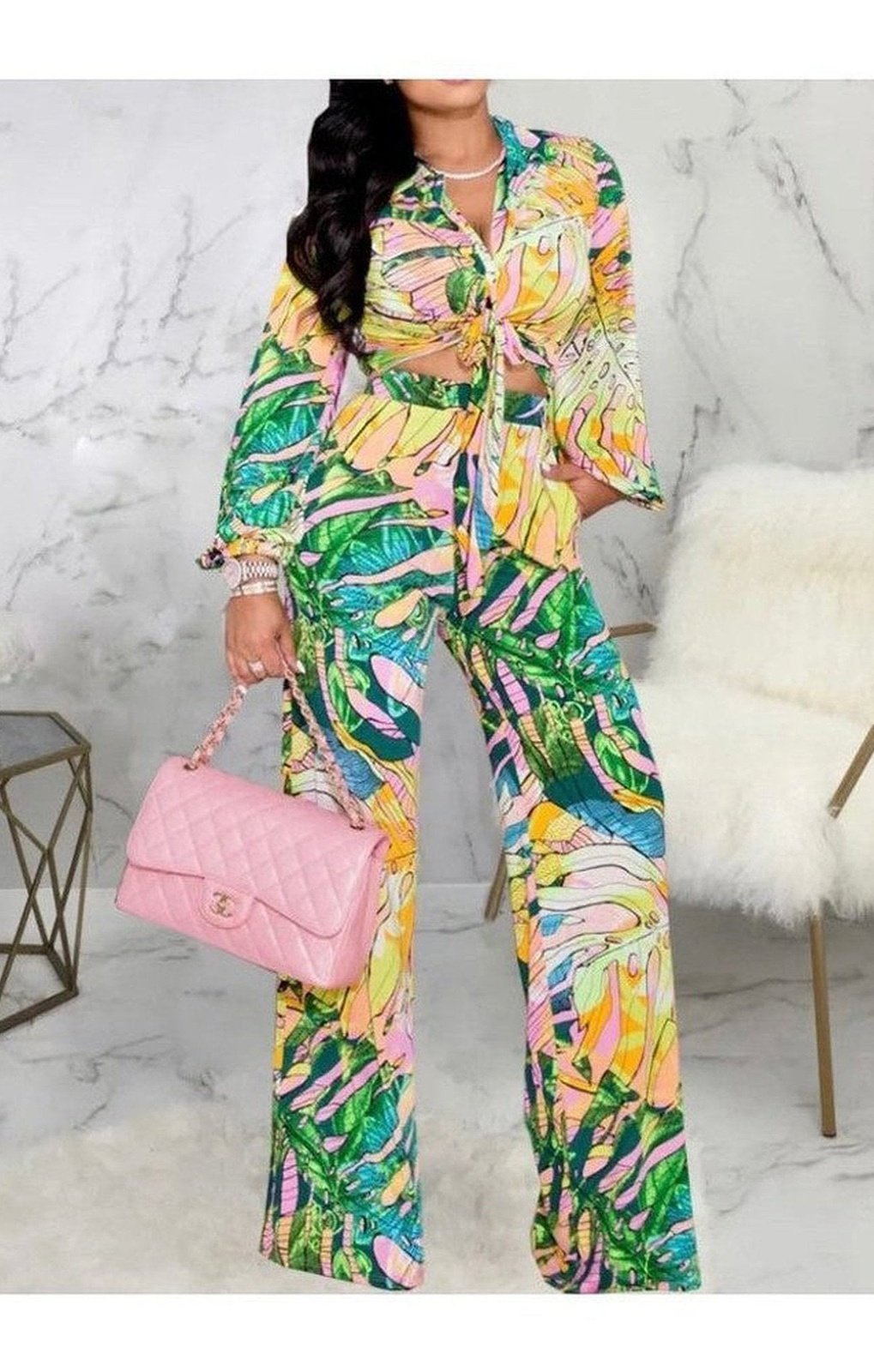 Two Piece Set Women Bandage Shirt Tops and Pant Suits