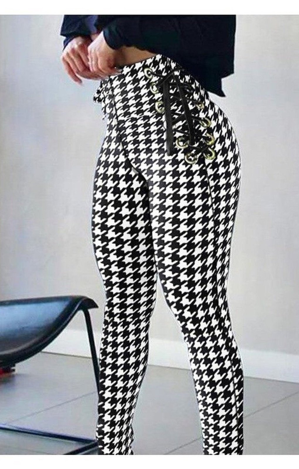 Houndstooth Print High Waist Eyelet Lace-up Skinny Pants