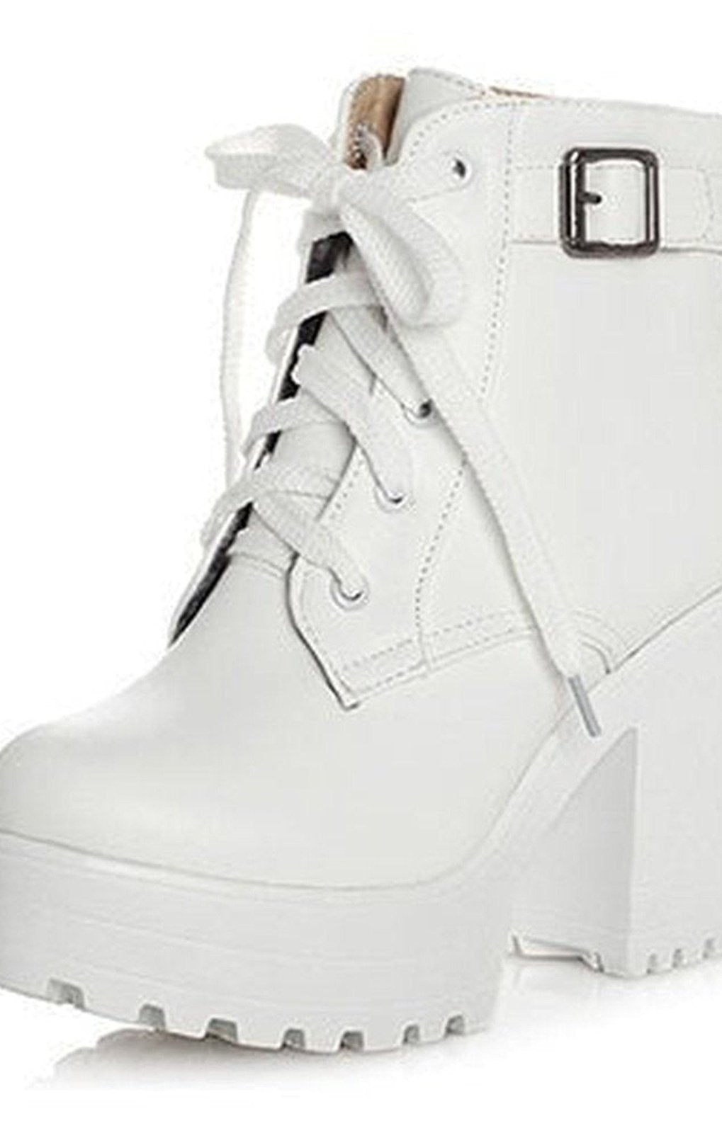 Chunky Heel Booties with Laces and Strap - Glossy Finish ( 3 COLORS)