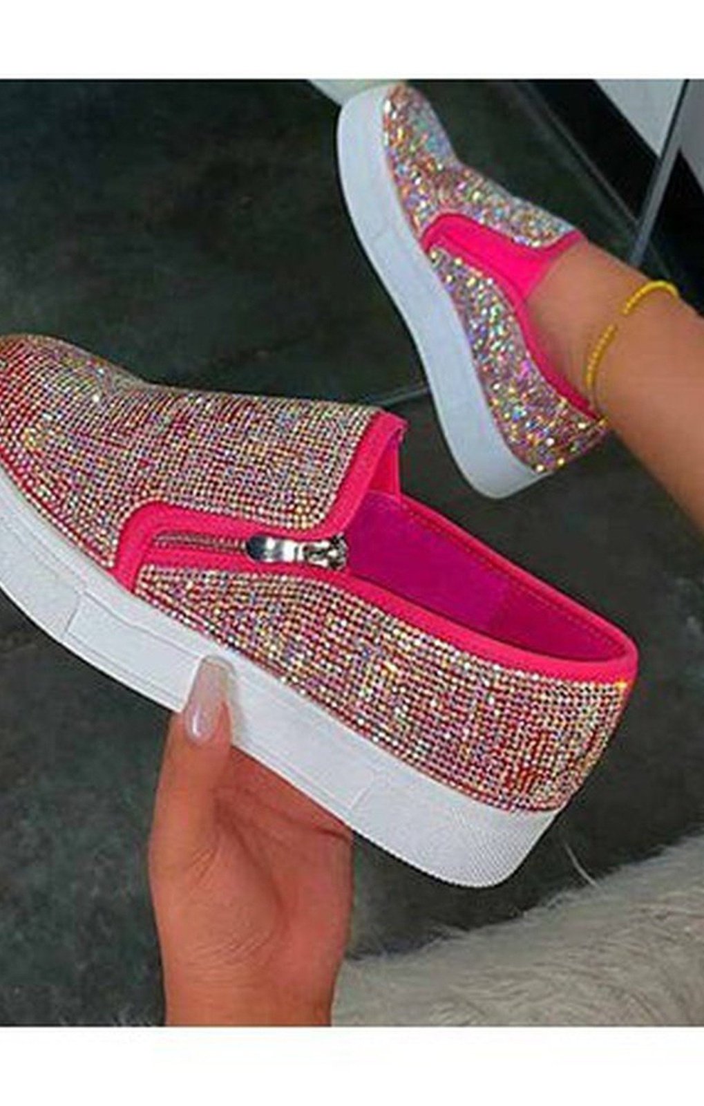 Zipper Side Low Top Deck Shoes Encrusted with Gemstones ( 3 COLORS)