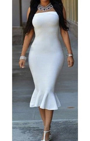White Form-fitting Fishtail Dress - Off The Shoulder / Sleeveless