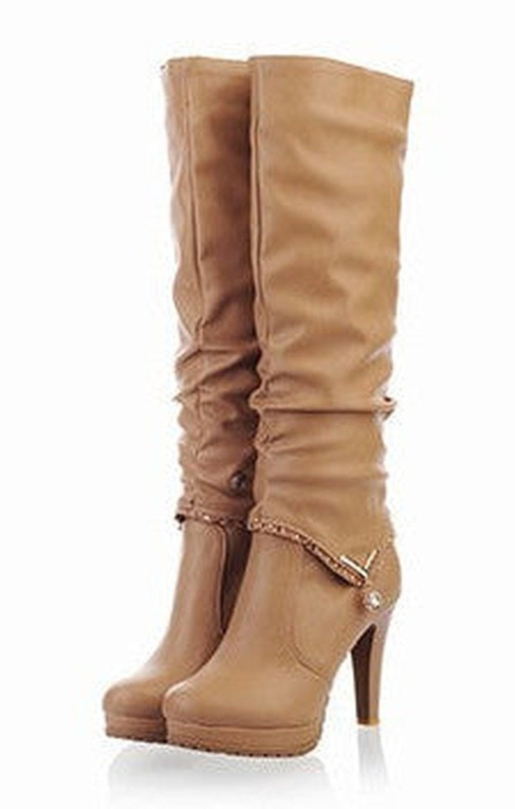 Stiletto Heeled High Boots - Wrinkled Effect / Metal Adornment ( 2 COLORS)