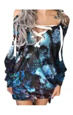 Halloween Skull Floral Print Eyelet Lace-up Casual Top Dress (Many Colors)