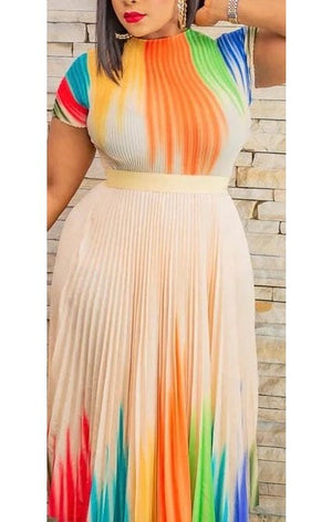 Elegant  Multicolored Long Sleeve Pleated Dress  (3 Colors)