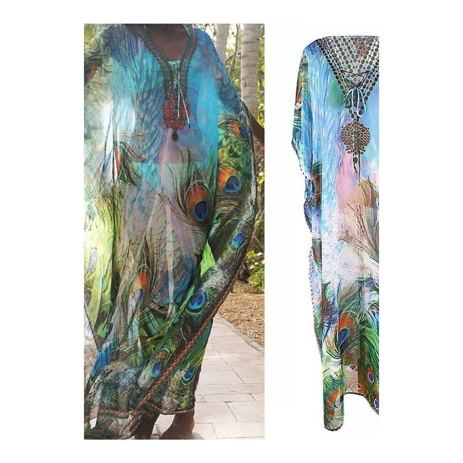 Chiffon Peacock Feather Print Loose Dress Cover up