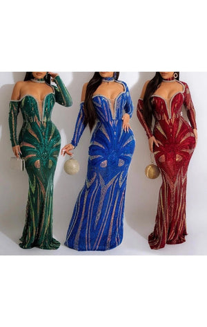 Sequin Long Sleeve Maxi Dress  ( 3 Colors)