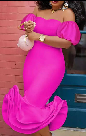 Hot Pink Mermaid Off the Shoulder Ruffle Dress