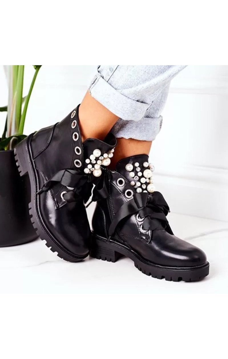 PU Leather Pearl Lace Up Boots Shoes