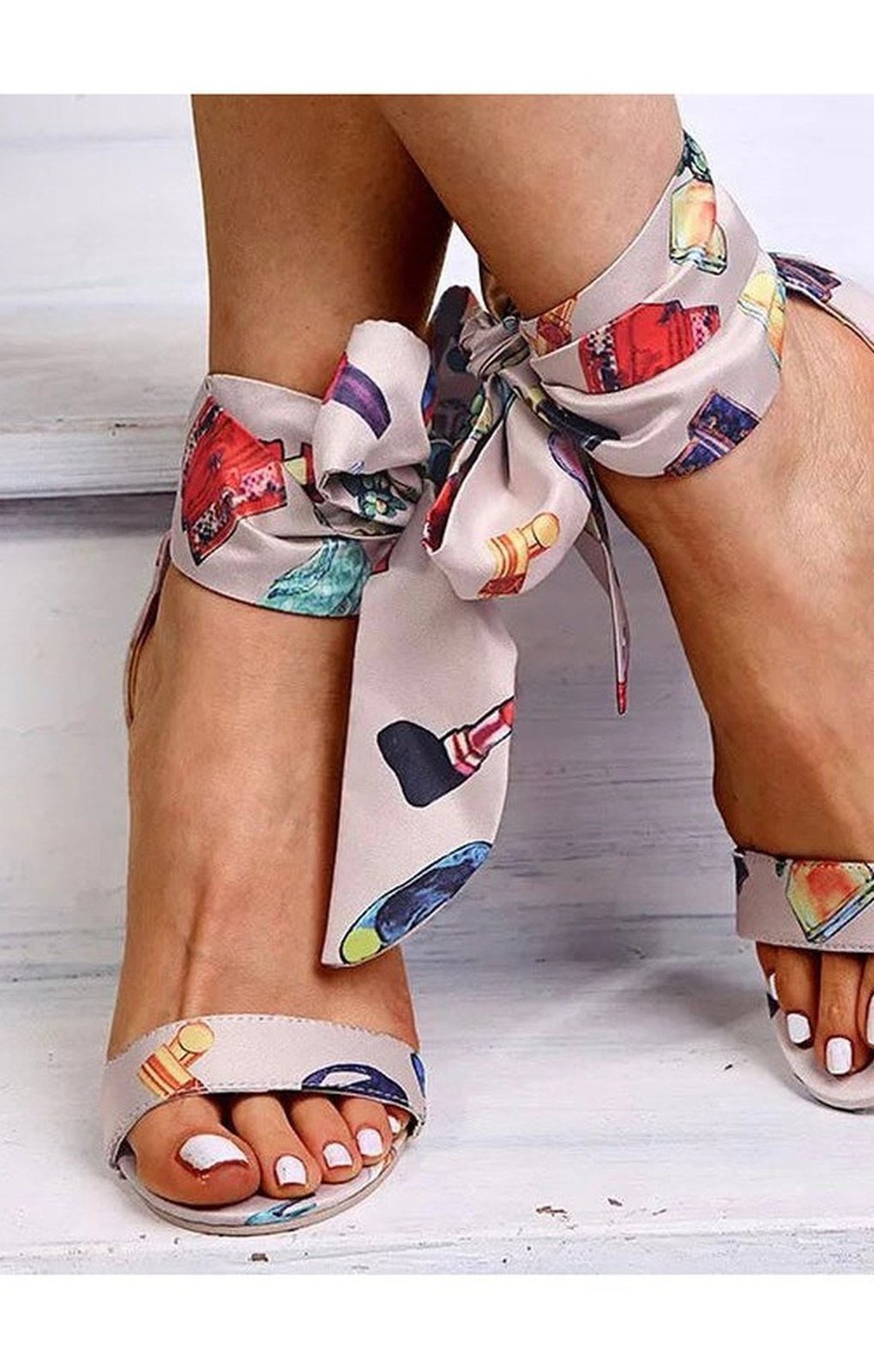 Print Bow Bandage High-heeled Sandals
