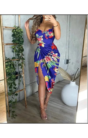 Floral Spaghetti Strap Ruched Slit Party Dress