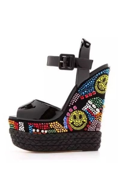 Ladies Black Patent Leather Wedge Sandals Multi-color Crystal Embellished  Multicolored Stones