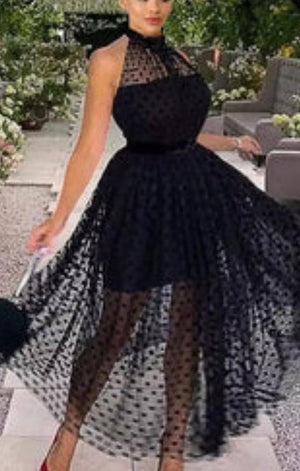 Women Black Dress Mesh Polka Dot See Through Sexy Sleeveless Dress