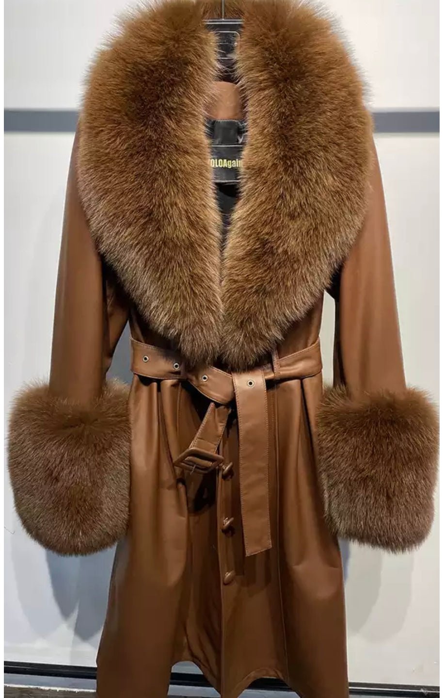 Genuine Leather long Winter fur collar and Wrist Cuff stylish thick jacket wiith belt Plus Sizes Available ( Many COLORS) (Many Sizes)