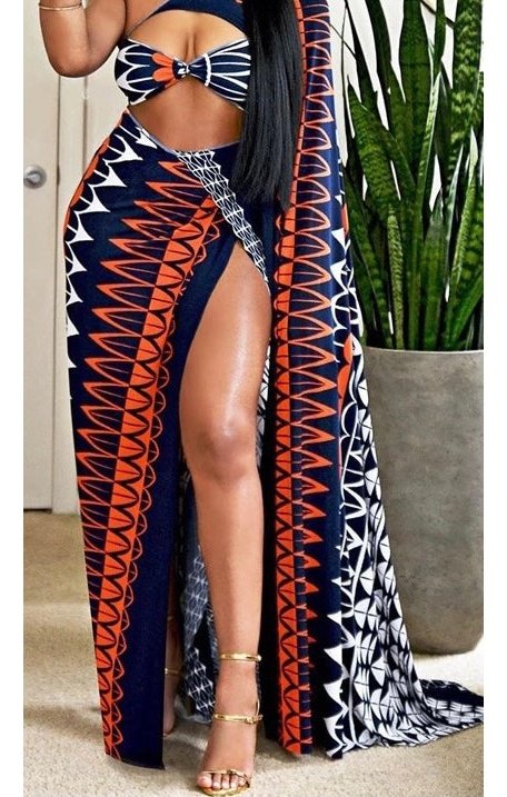 Print Crop Top Skirt Set Cut out high slit