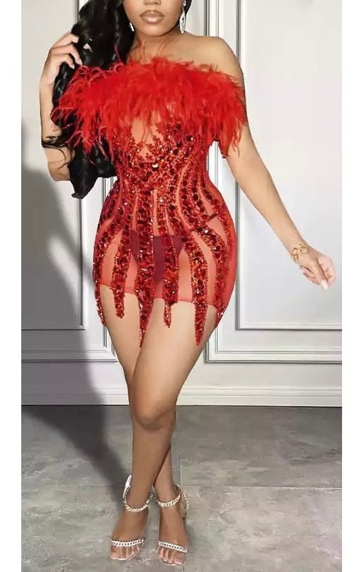 Off the Shoulder Feather Bling Dress  (4 Colors)