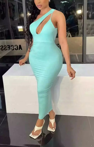 Summer new plus size stretch solid color one shoulder backless sling slim sexy midi dress