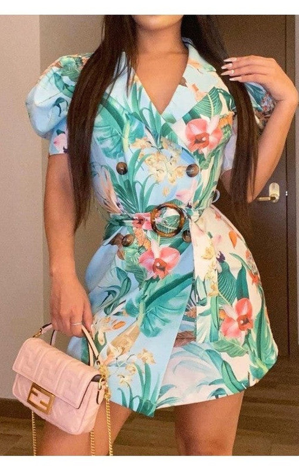 Tropical Print Puff Sleeve Double Breasted Blazer Dress