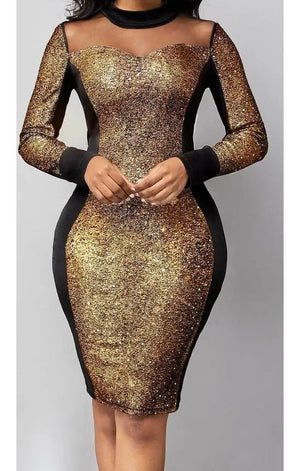 Gold Long Sleeve Patchwork Bodycon Midi Dress (Plus Size Available)