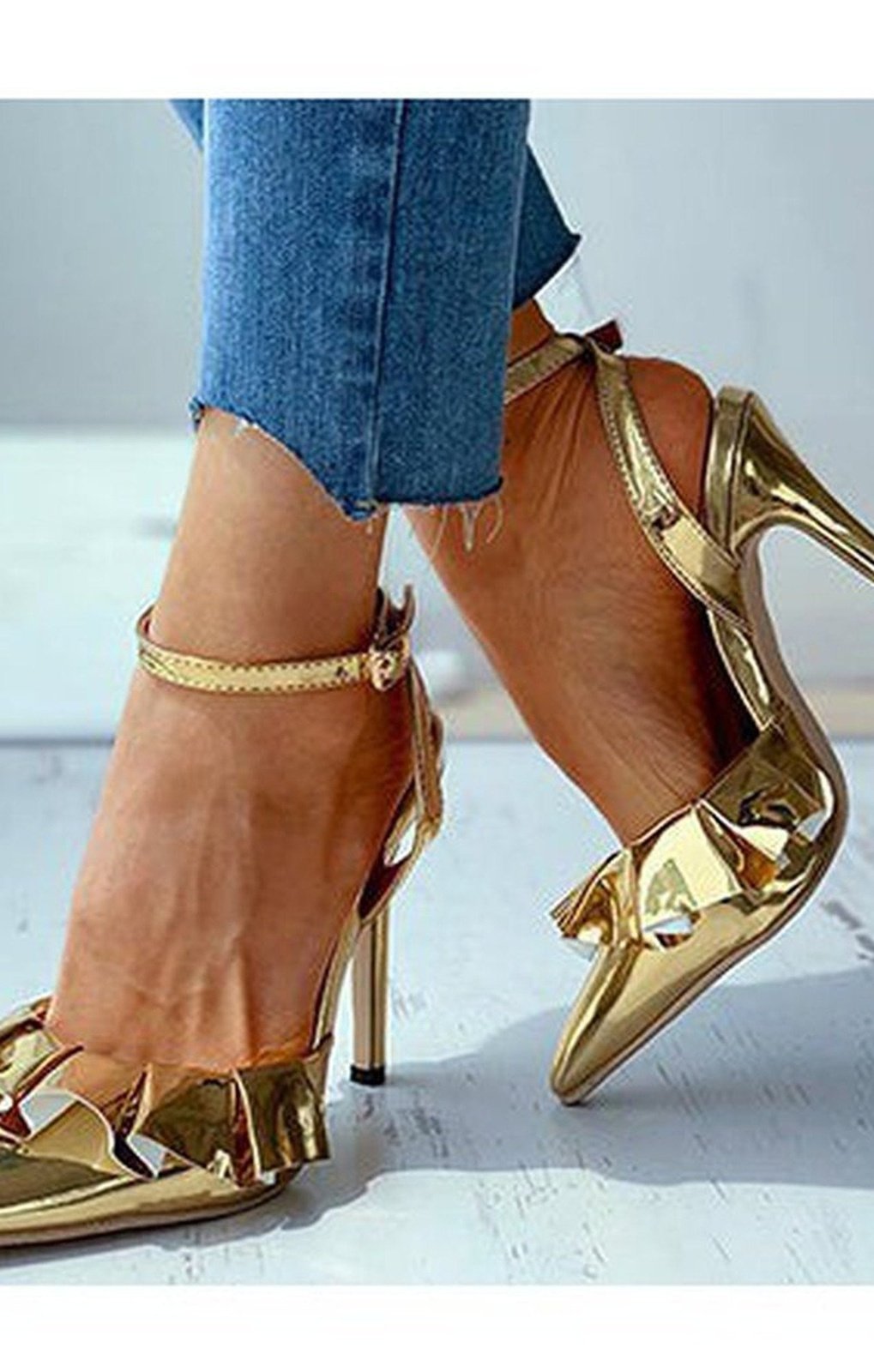 Women's Ruffled Stilettos - Ankle Straps / Metallic Finished Leather