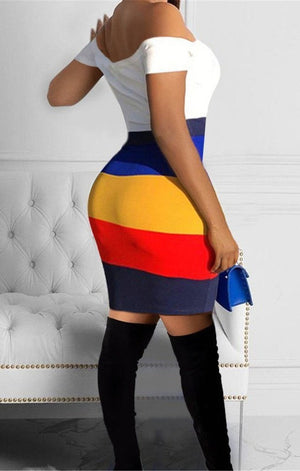 Multicolor stripe print stretch tube sexy dress