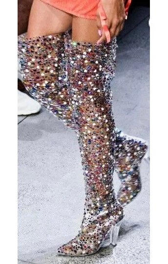 Women’s  Bling Multi Crystal Over the Knee  Heel Boots