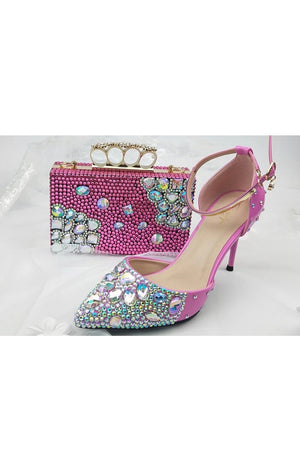 Pink Silver Matching Clutch purse bag set rhinestone