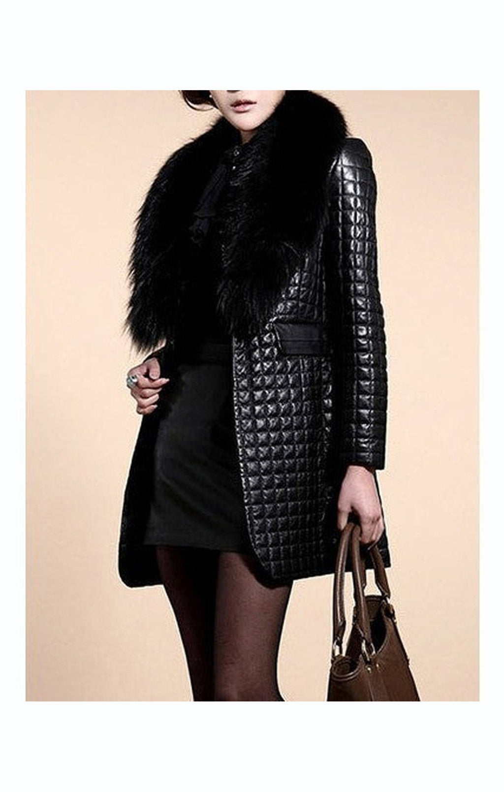 Women's Quilter Look Faux Fur and Leather Long Sleeve Jacket