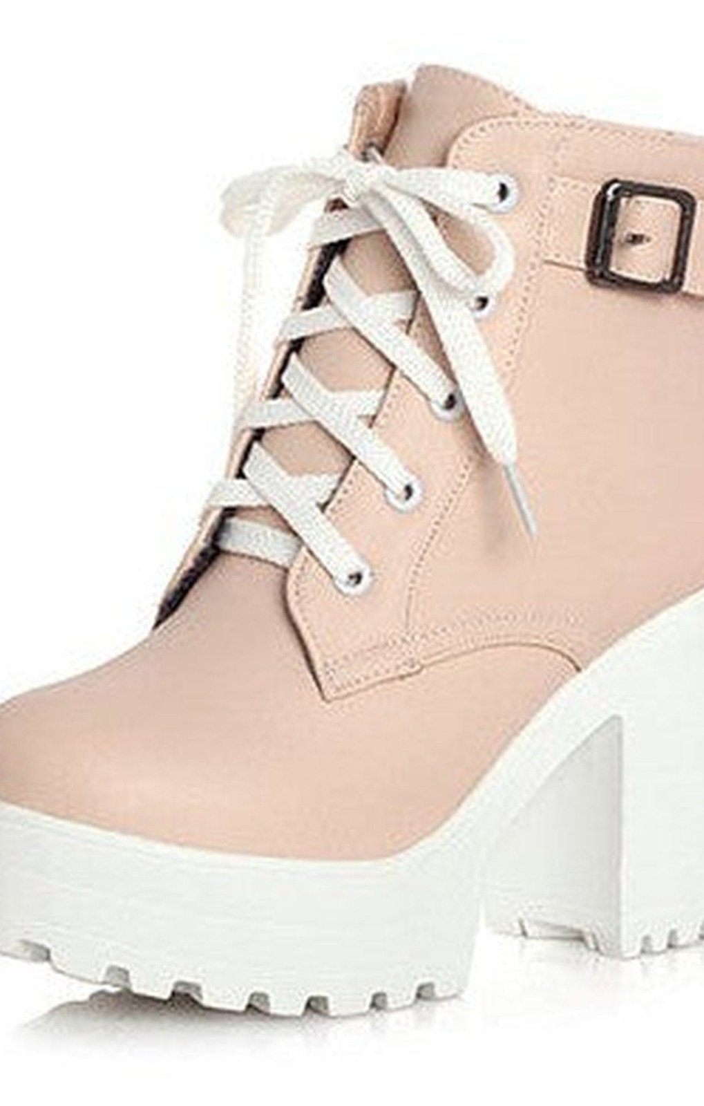 Chunky Heel Booties with Laces and Strap - Glossy Finish ( 3 COLORS)