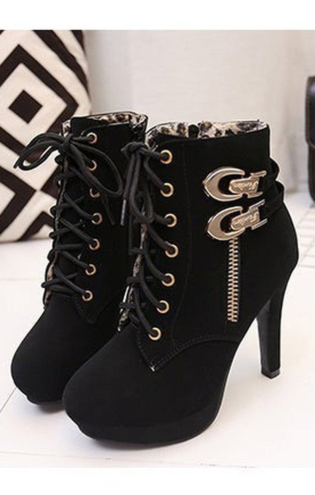 Stiletto Lace Up Booties in Engineered Suede