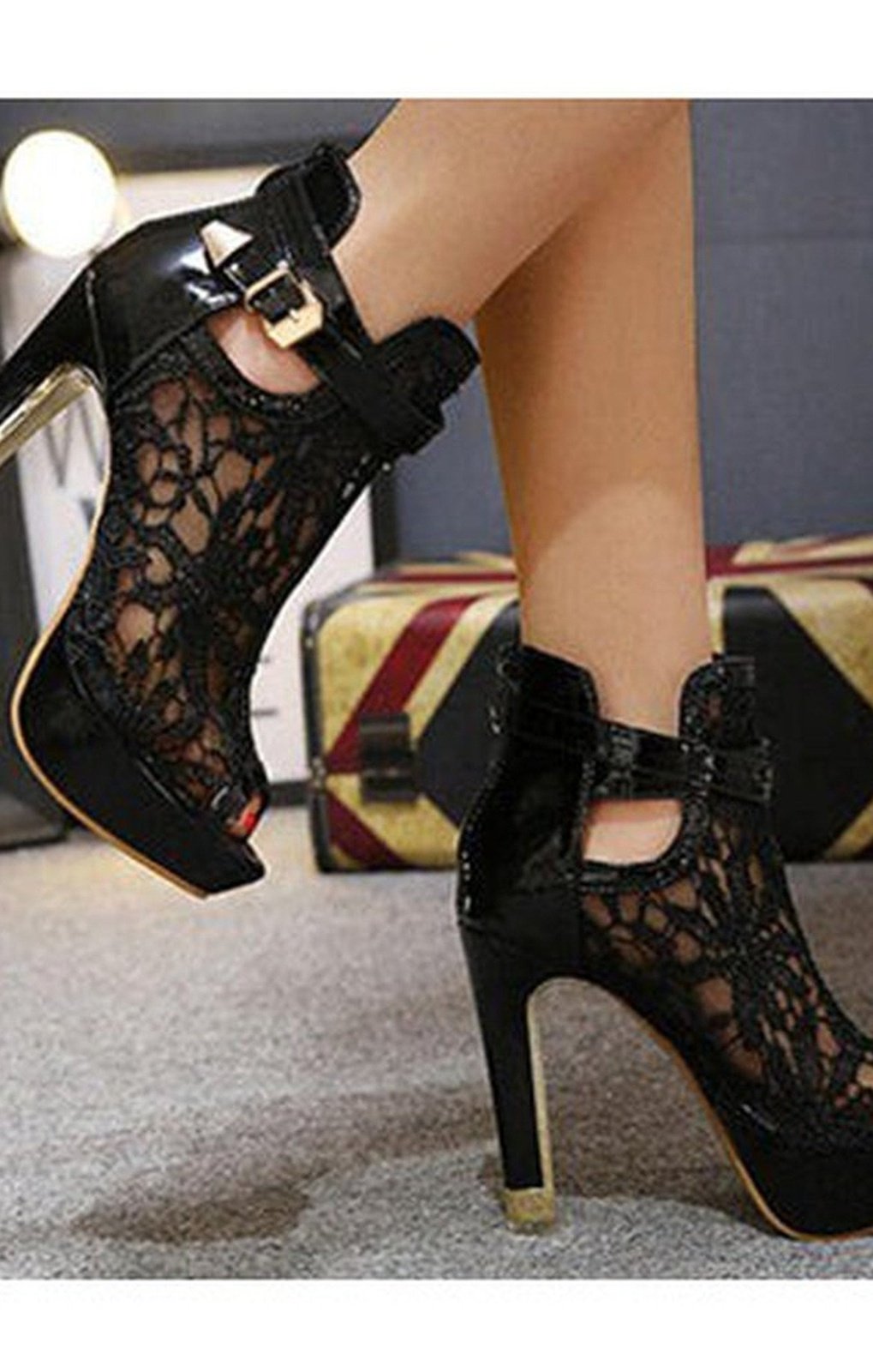 Black Women's Lacy Platform Stilettos - 4.5" Heels / Open Toes