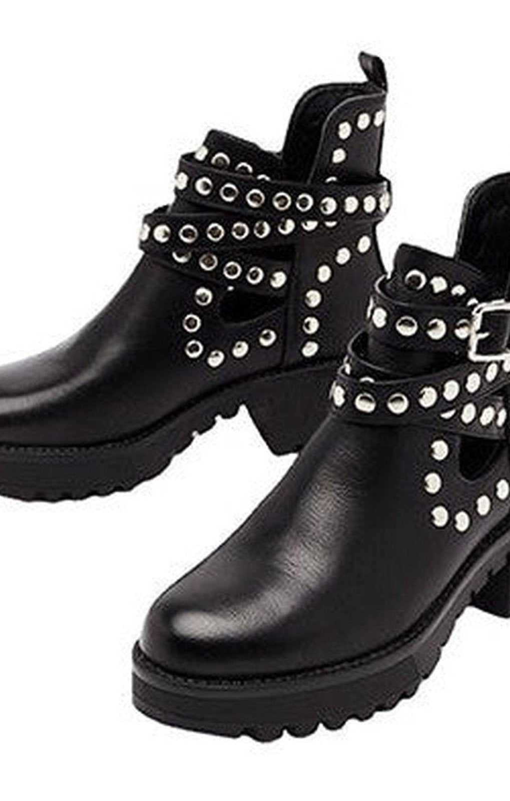 Ankle Wrap Rivet Accent Strap Boot - Deep Tread Rubber Sole / Chunky Heel
