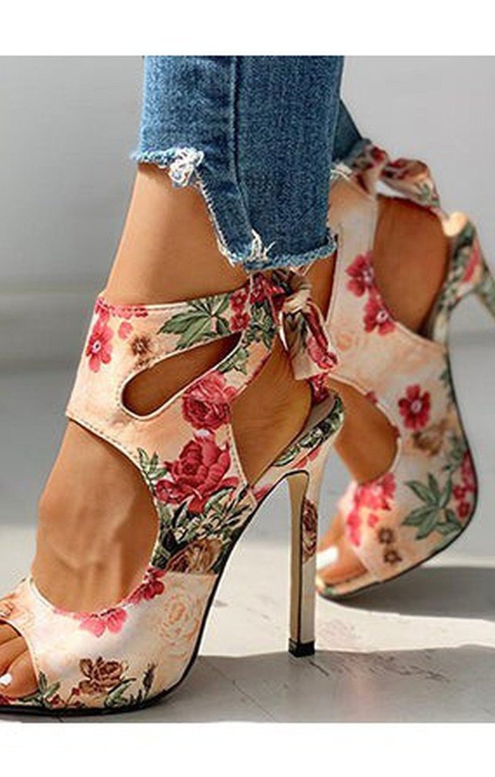 Women's Floral Print Cut Out Stiletto Heels Sandals