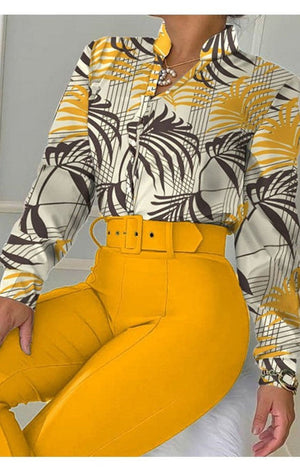 Tropical Print Button Down Shirt & Bootcut Pants Set With Belt