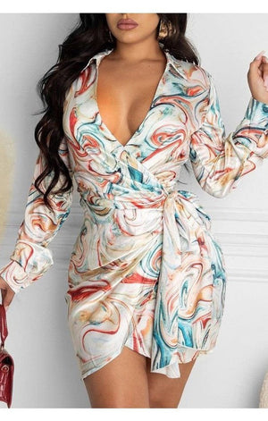 Abstract Print V-Neck Tie Front Ruched Mini Dress