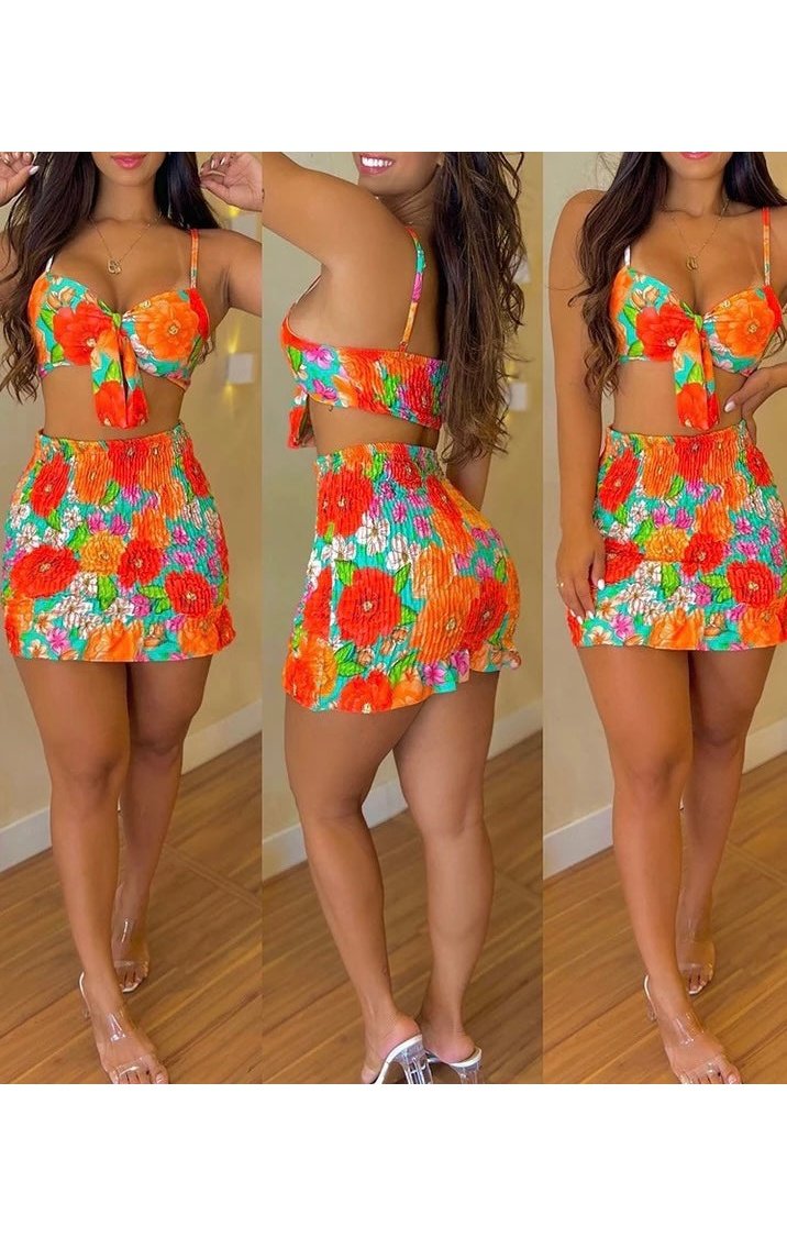 Print Crop Top Skirt Set (3 Colors)