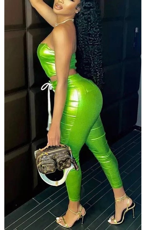 Lime Green Faux Leather Top & Pants Set