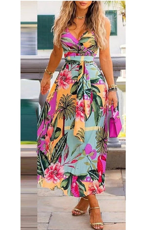 Tropical Print V-Neck Sleeveless Sexy Maxi Dress With Belt