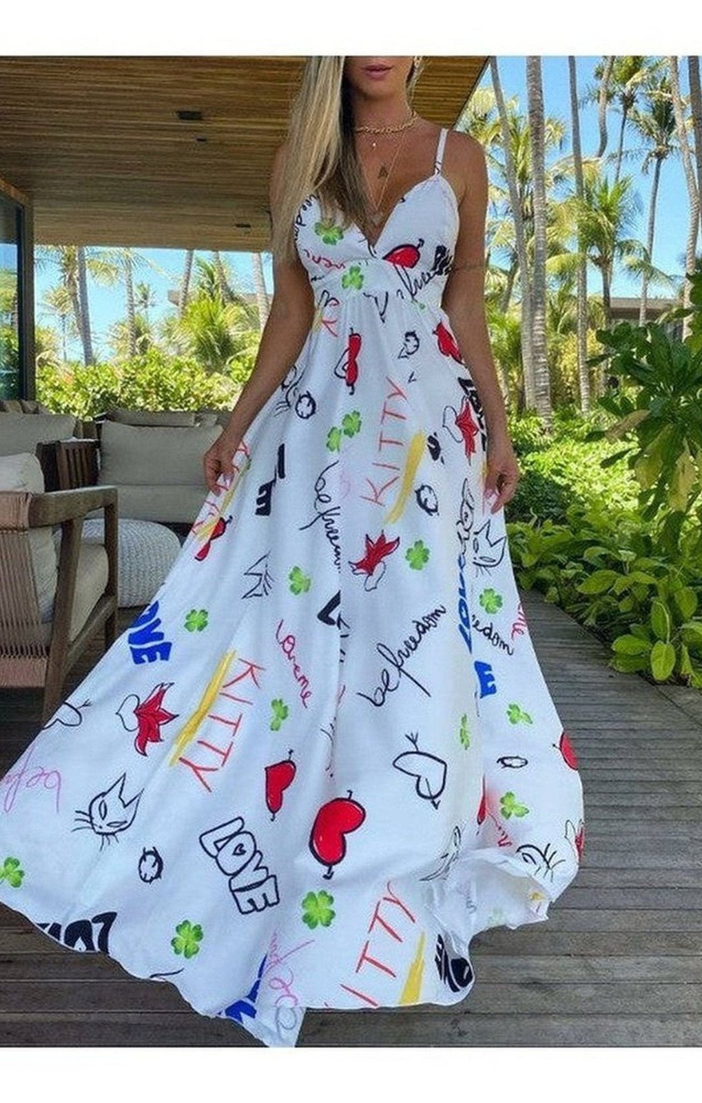 Letter Heart Print Backless Cami Maxi Dress