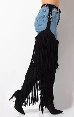 (3 Colors) Fringe Belted Chaps Over The Knee Boots  Ladies shoes