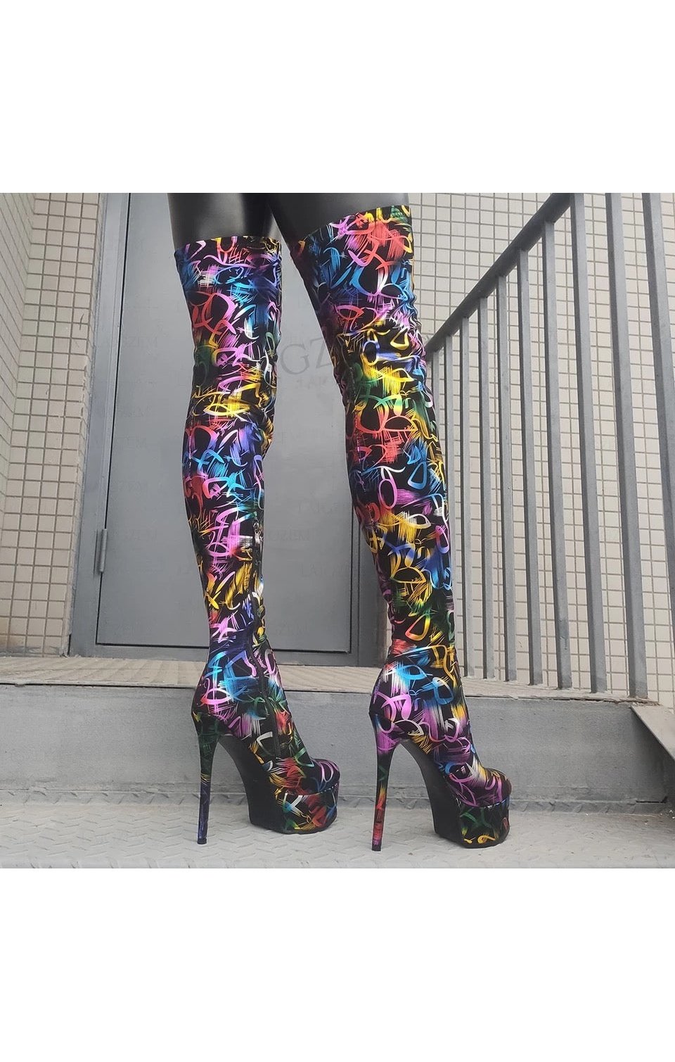Multicolored Platform High Heel Over Knee High Boots